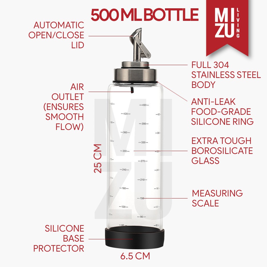 MIZU ACETORIGA No Mess Auto-Lid Olive Oil Glass Bottle Botol Minyak Kaca Tutup Otomatis Kecap Pyrex