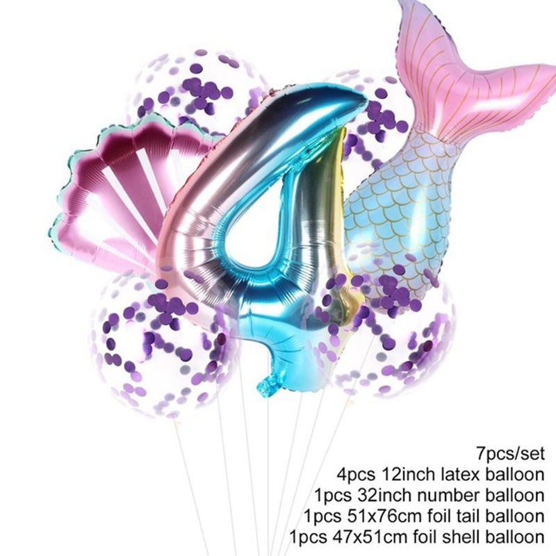 7pcs / Set Balon Foil Angka Bentuk Ekor Mermaid Untuk Dekorasi Pesta Ulang Tahun / Baby Shower