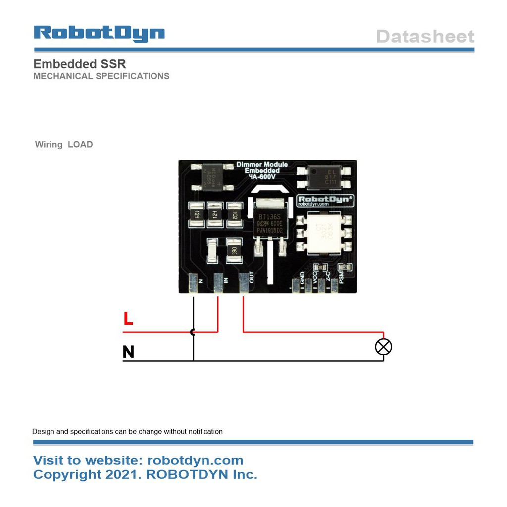 RobotDyn Embedded Dimmer Module, 3.3V/5V logic, 4A, 600V