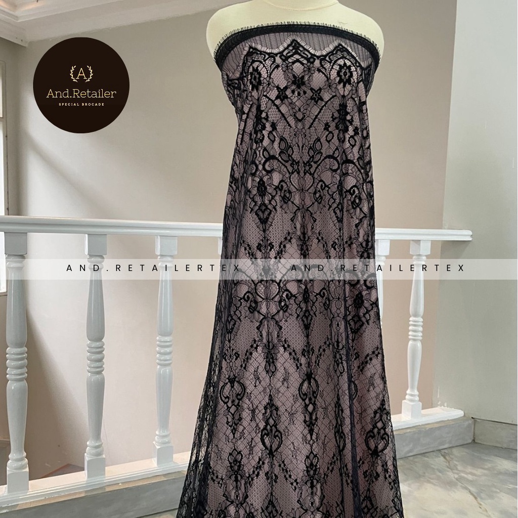 Bahan Kebaya Brokat Semi France Lace Chantily Shantily Katun Per panel 2,5m Warna Hitam Black