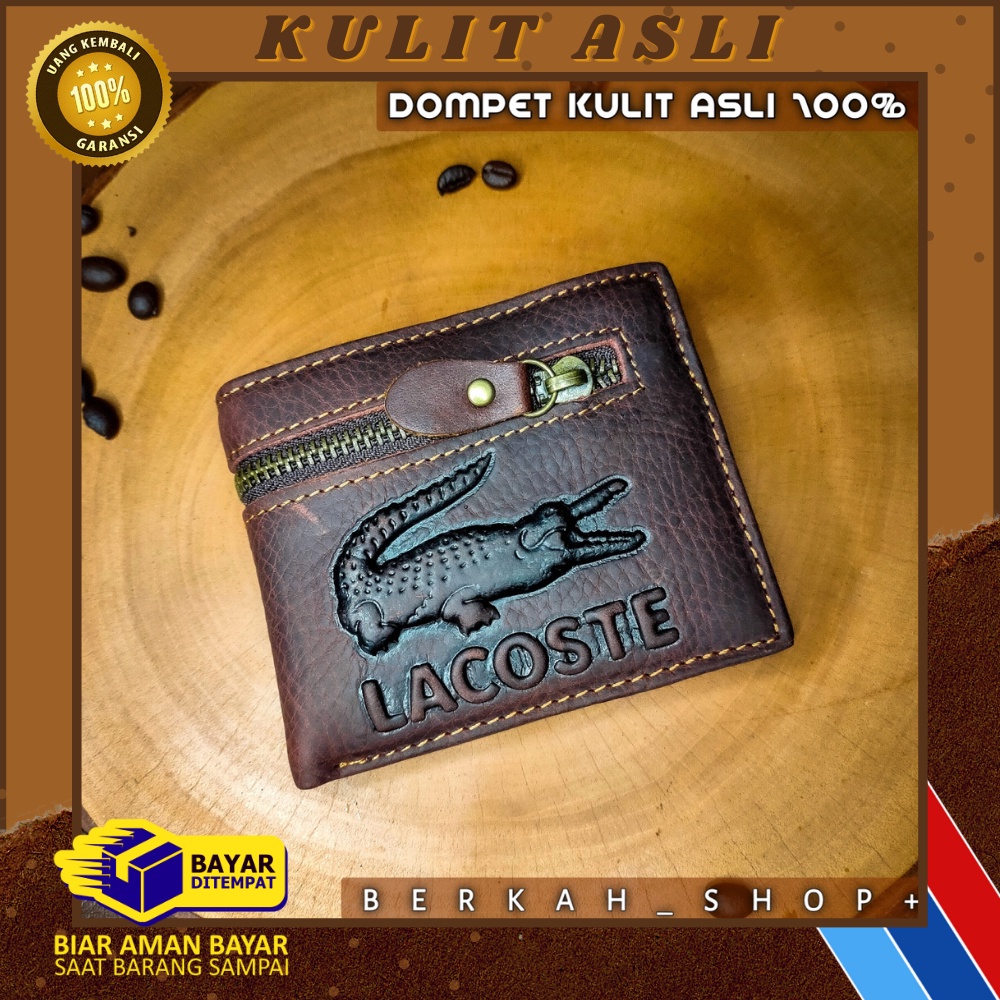 Dompet Pria Kulit Asli Garut Original Branded 100% Tebal Bermerek Lacoste Extra Slot kartu Resleting