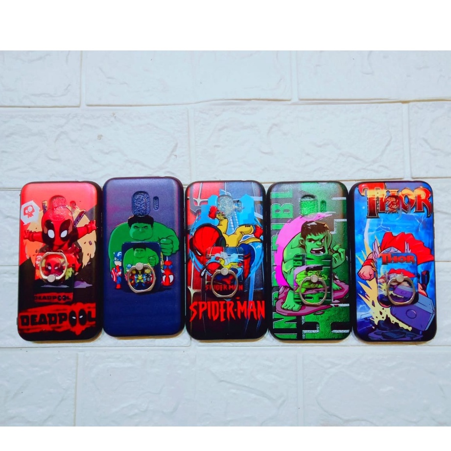 Case Handphone Samsung J2Pro+Ring Motif Kartun Deadpool Hulkbiru Spiderman Hulk hijau Thor Realpict