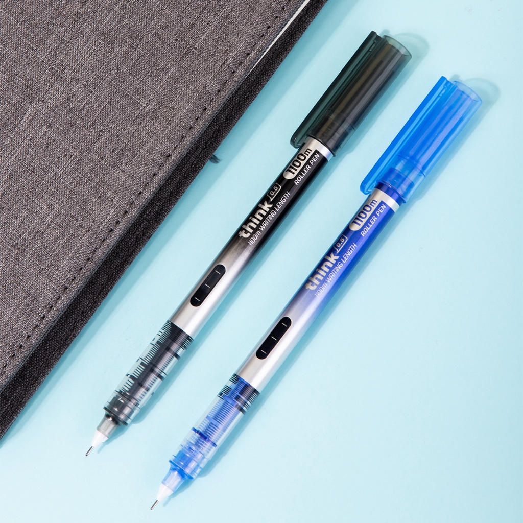 HAPPY TIME DELI PULPEN ROLLER PEN THINK EQ300 0.5mm HITAM BIRU ADA INDIKATOR TINTA ALAT TULIS KANTOR SEKOLAH