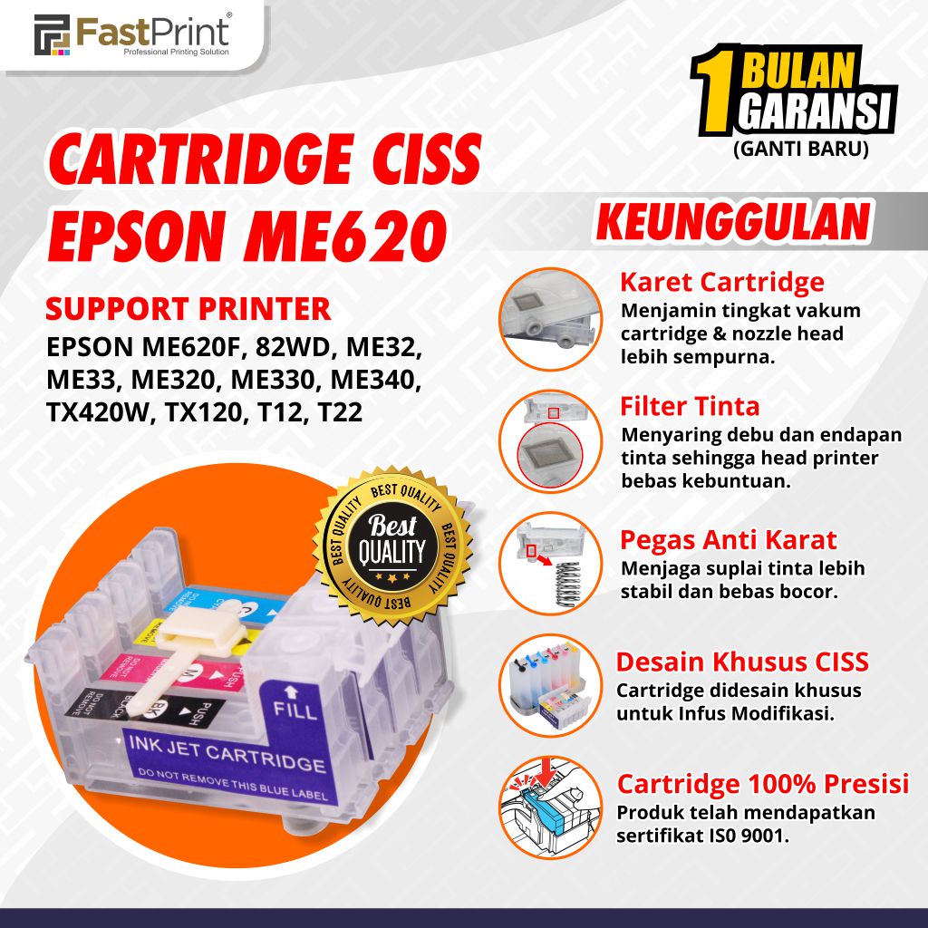 Cartridge CISS Epson Office ME620F ME82WD ME900F ME32 ME33 ME320 ME330 ME340 TX420W TX120 Tanpa Chip