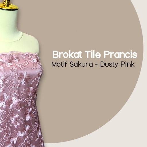 1/2 meter Kain Brokat Brukat Tile Prancis Kebaya Motif Sakura Pink - DustyPink
