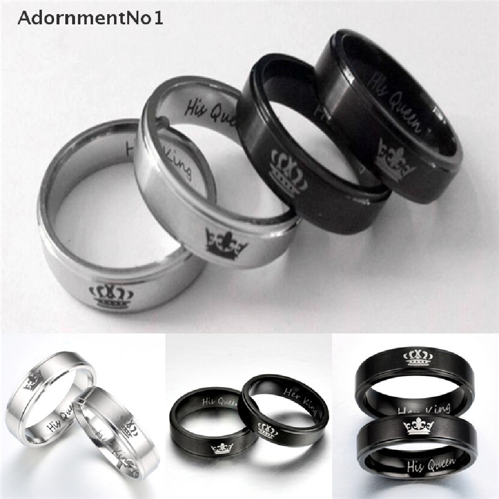 (AdornmentNo1) Cincin Stainless Steel Motif Tulisan HIS QUEEN / HER KING Untuk Pasangan / Pria / Wanita
