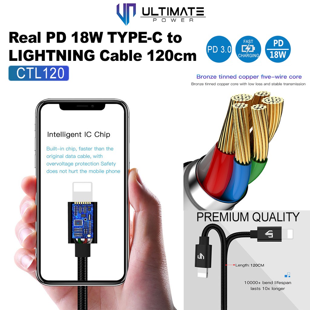 Data Kabel Type C / Usb C to Lightning Cable 18W Ultimate Power Real PD 120CM Original100%