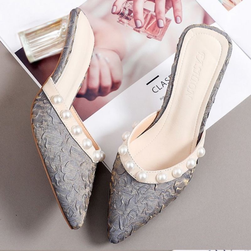 high heels sandal hak tinggi brukat mutiara hak kaca