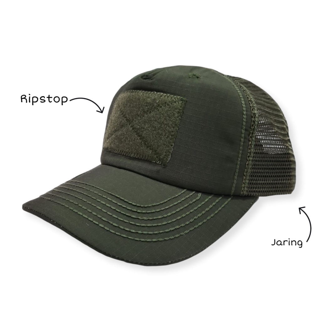 Topi Tactical / Perekat Ripstop Kombinasi Jaring Krem, Hitam, Hijau Olive, Abu tua