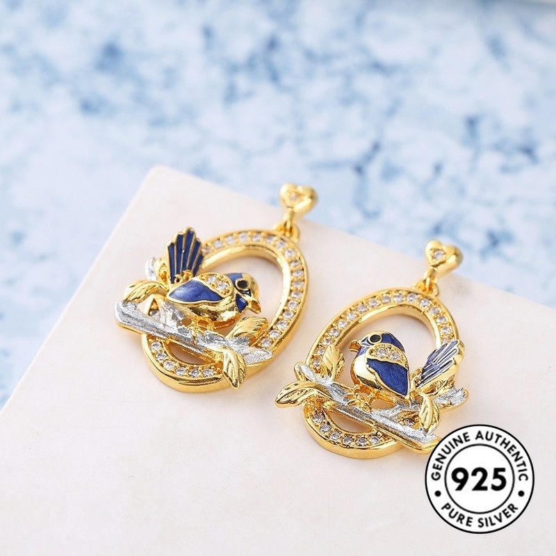 Anting Tusuk Motif Burung Bahan Sterling Silver 925 Warna Emas Untuk Wanita