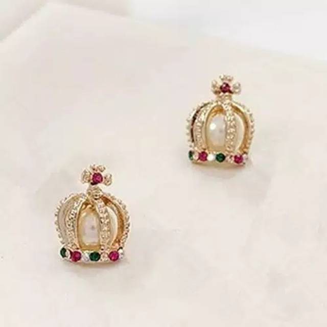 Anting mahkota mutiara permata warna warni korea anting stainless earings crown pearl WAWI