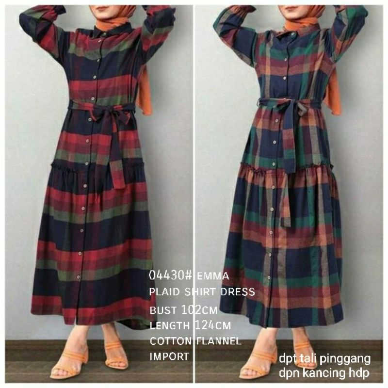 MDLV ~ 04430# Emma Plaid Shirt Dress Kotak Dress Maxi Fashion Import