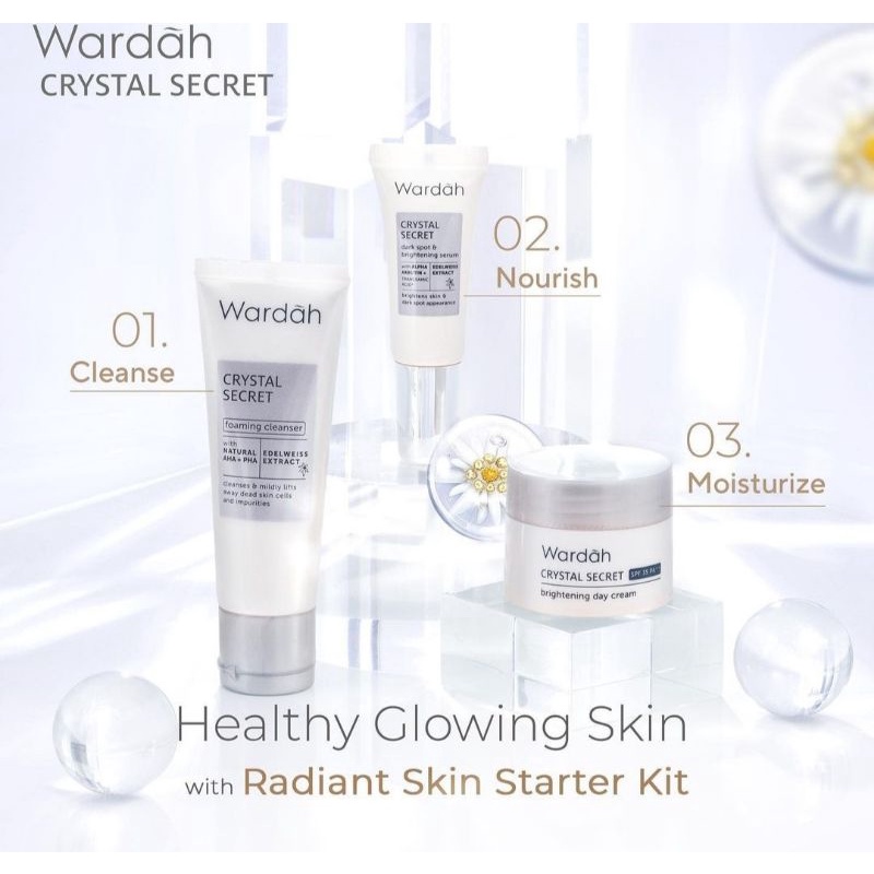 wardah crystal secret foaming clenser,crytal secret brighttening serum,crystal secrey day cream 30gr/15ml