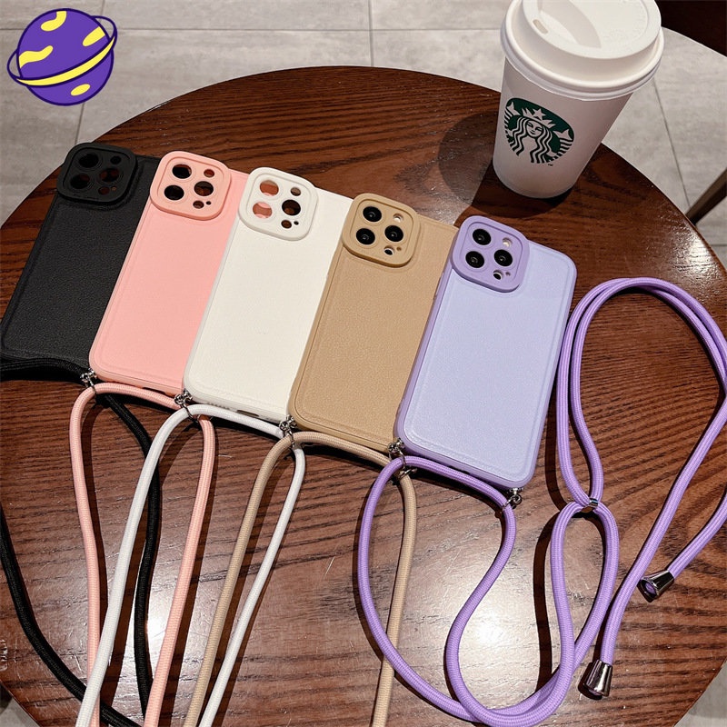 Case Bahan Kulit Warna Solid Dengan Lanyard Anti Hilang Untuk iPhone 13 12 11 Pro X XS MAX XR SE2 7 8 Plus