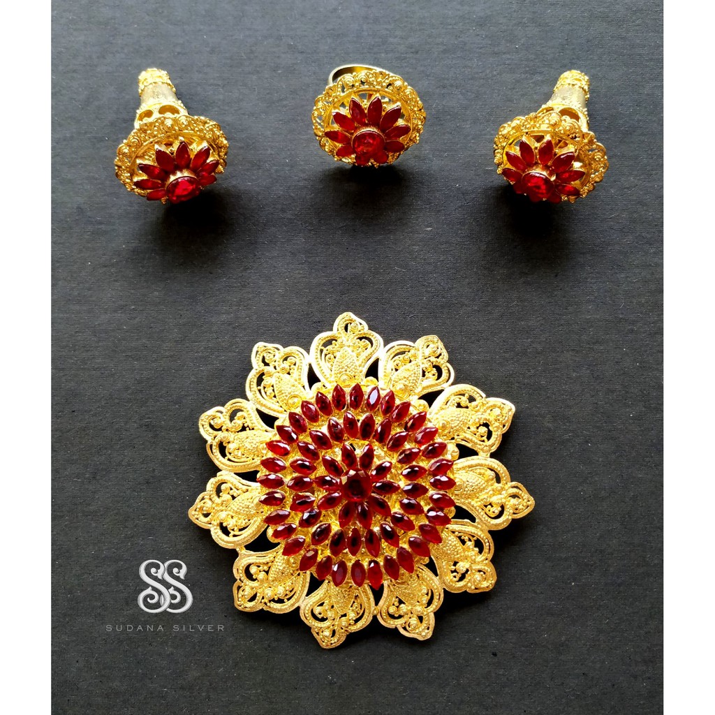 Bros Alpaka Bali Motif Borobudur Sirkon Merah Gold Plated