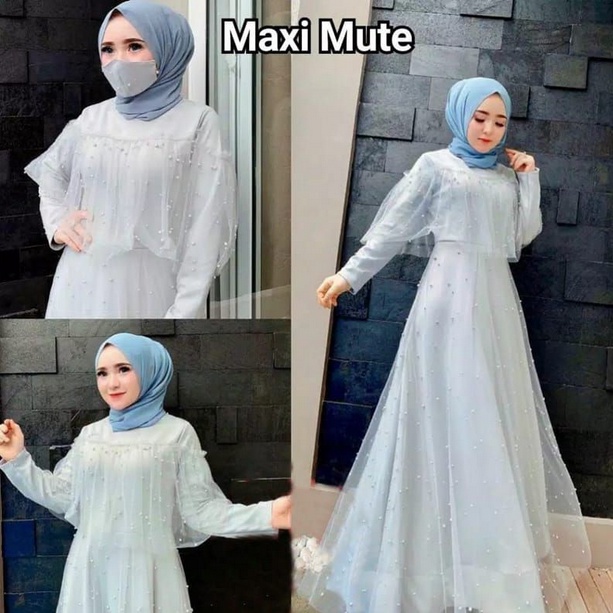 MAXI GAMIS MUTE GAMIS WANITA MUSLIM / MAXI DRESS BAHAN MOSCREPE KOMBY MUTIARA TANPA MASKER-ABU