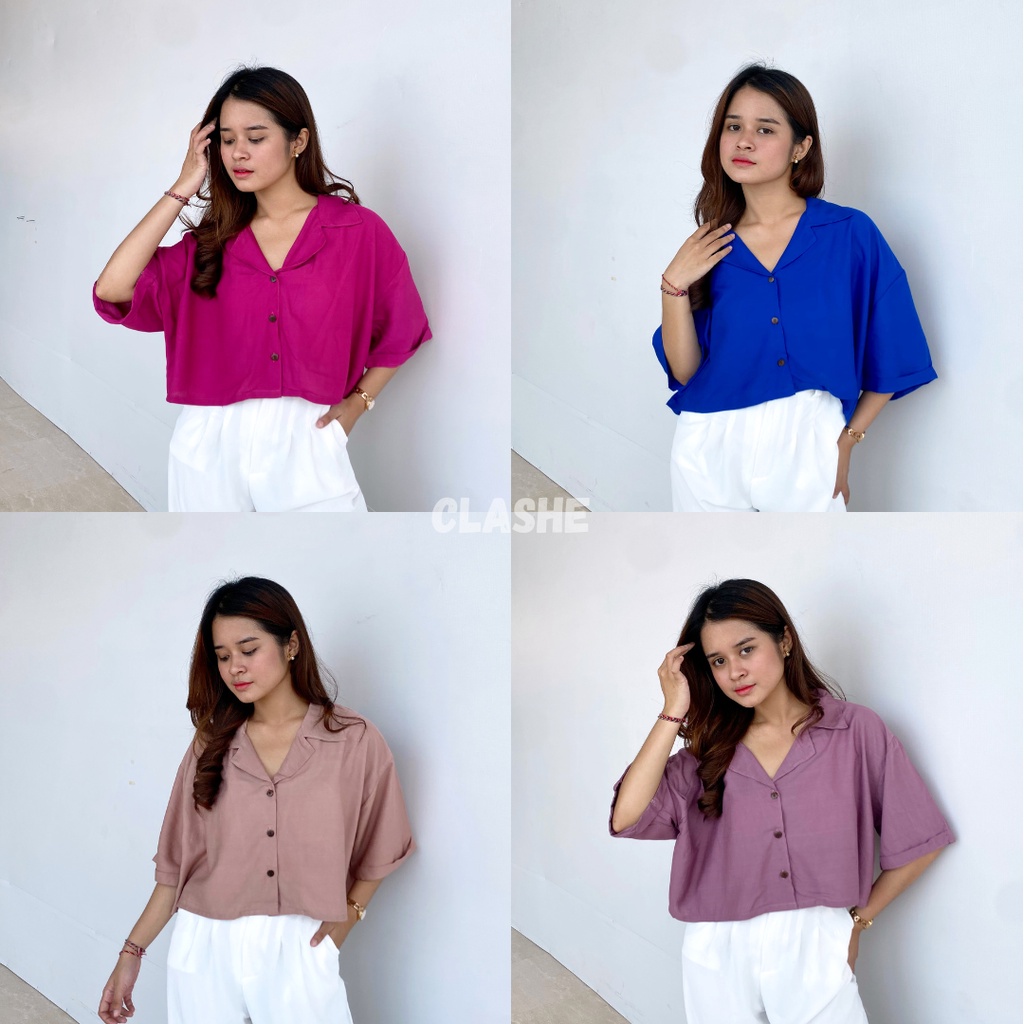Kemeja Wanita Oversize Lengan Pendek Polos Casual Korea Kekinian Terbaru Rayon Nina Shirt by Clashe