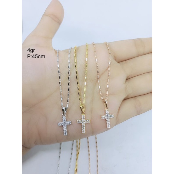 kalung balok mini + liontin salib mp / kalung perak asli silver 925 lapis emas/ kalung fashion