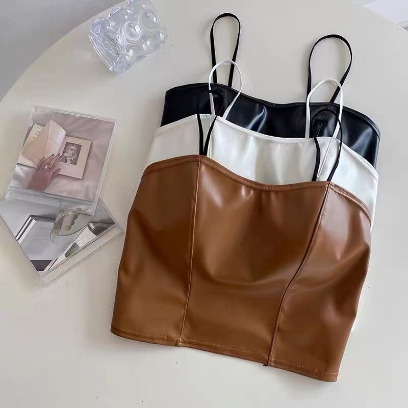 Miss H ~ 192 TankTop Wanita Leather Suspender Crop Tank Top Bralette Kulit Wanita Import