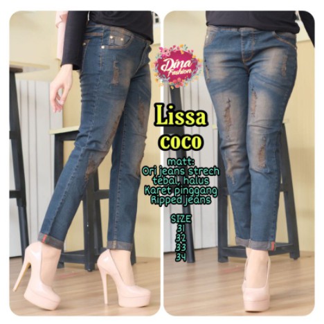 Lissa jeans sobek tidak tembus bahan melar pinggang karet [TNTI]