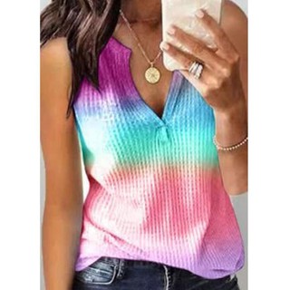 Tank Top Rajut V neck Tanpa Lengan Motif Print Tie  Dye  