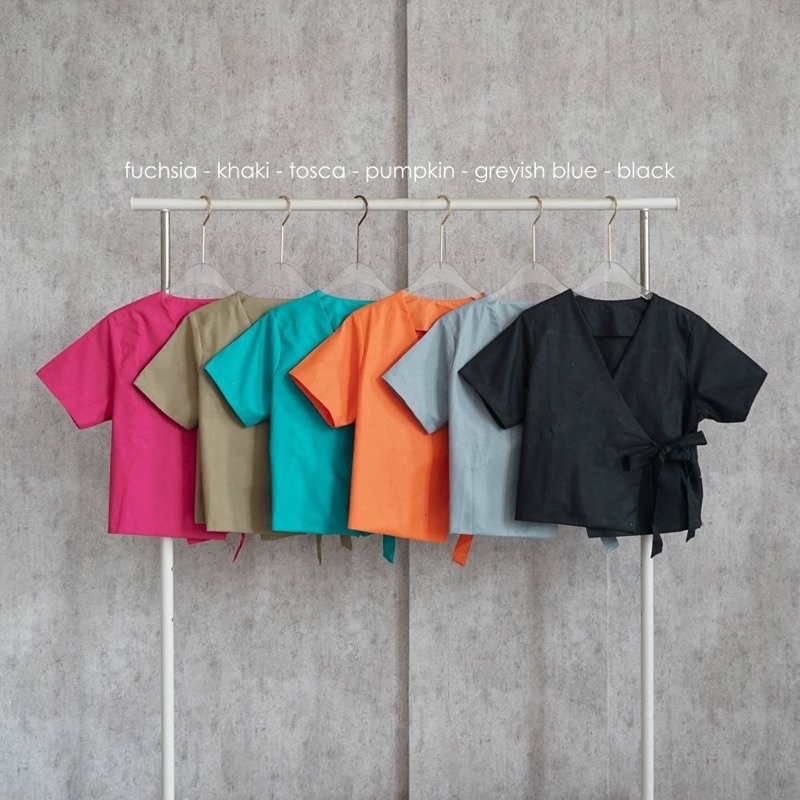ARESTA TOP BAJU ATASAN BLOUSE WANITA LENGAN PENDEK BAHAN KATUN COTTON PITA RIBBON KIMONO POLOS FUCHSIA SHOCKING PINK KHAKI TOSCA PUMPKIN ORANGE GREYISH BLUE BLACK-5