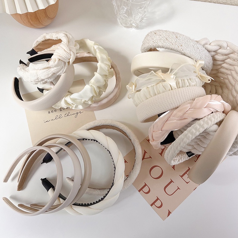 BANDO VARIASI PUTIH BANDANA KREM WHITE CREAM COLLECTION HEADBAND HAIR BAND KAIN POLOS KOREA PADDED BENDO MOTIF GARIS BUNGA BULU LEMBUT LEBAR WIDE