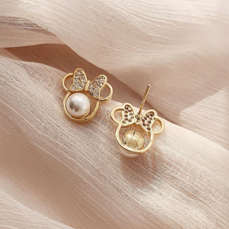 Anting Tusuk Sterling Silver 925 Desain Mickey Mouse Hias Mutiara + Berlian Gaya Korea Untuk Wanita