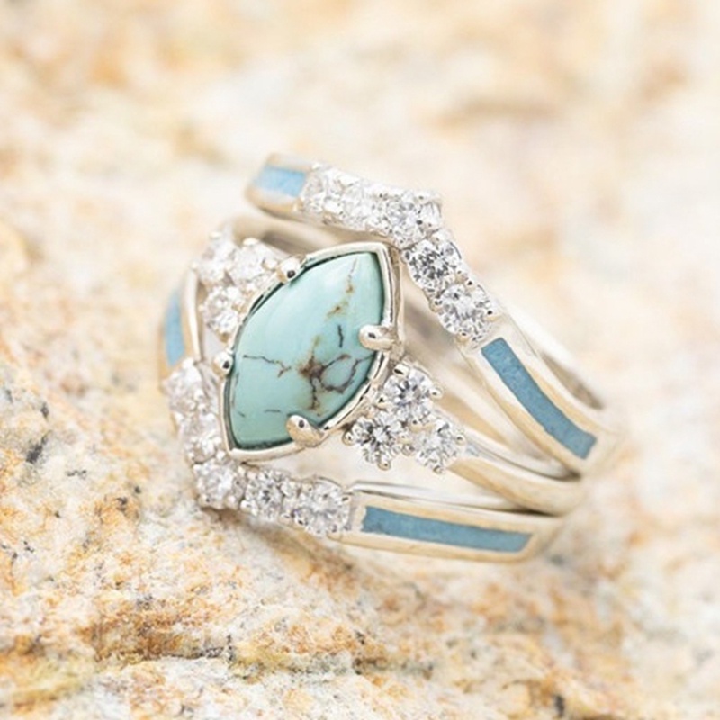 3pcs / Set Cincin Emas Multilayer Model Hollow Turquoise Untuk Wanita