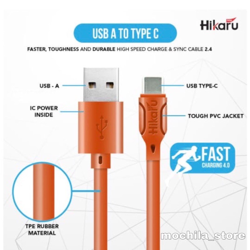 Kabel Data Fast Charging Tipe C / Type C - Dura Fast 2.4A - Fast Charging - 1 Meter - Hikaru