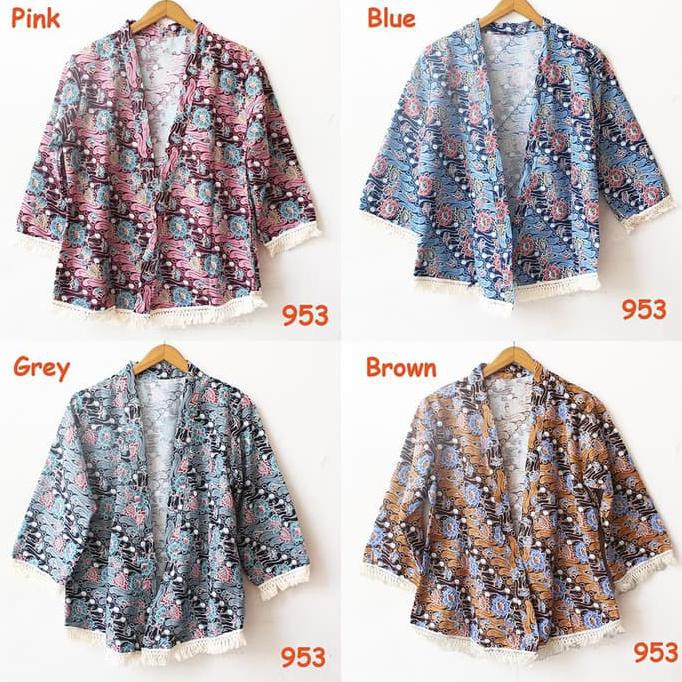 CARDIGAN TOP KIMONO KATUN BATIK RUMBAI CREAM MOTIF TRIBAL ETNIK HITAM - PINK