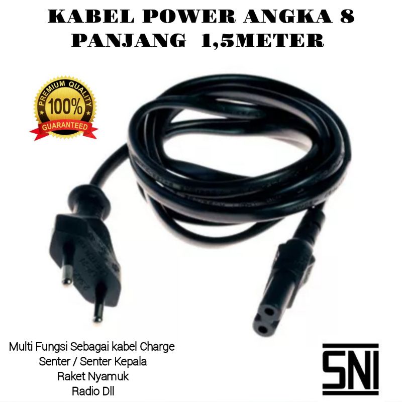 Kabel power angka 8, untuk printer, radio, senter, raket nyamuk 1,8m