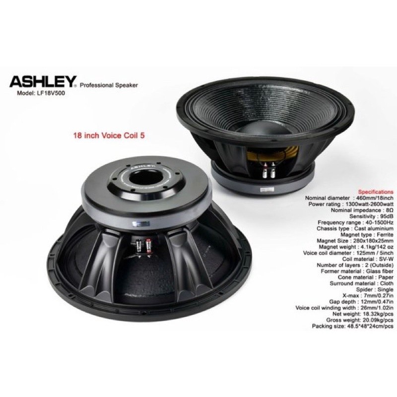SPEAKER ASHLEY 18 INCH LF18V500 VOICE COIL 5 INCH 1300-2600 WATT