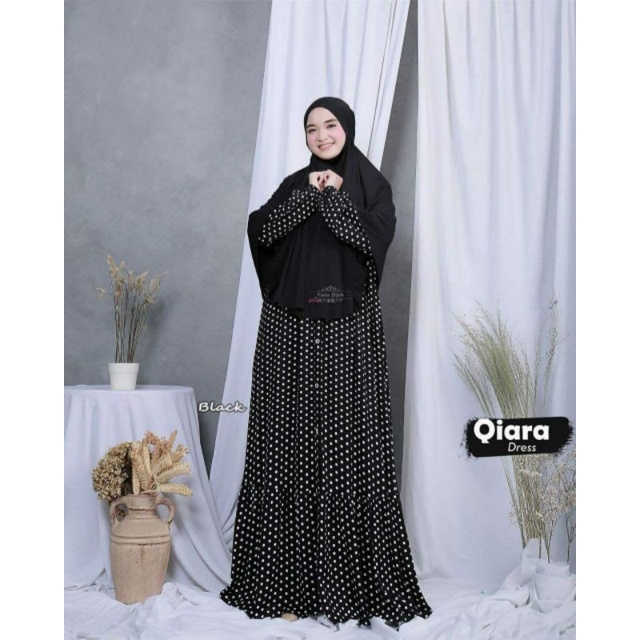 Qiara Dress - Gamis Terbaru Rempel Polkadot Rayon Premium Dress Dress Wanita Lengan Panjang Maxi Dress Klok Kekinian LD 110 cm