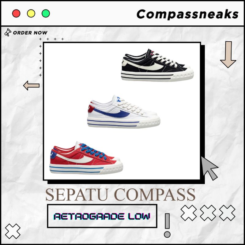 Sepatu Compass Retrograde Low Black White/White Blue/Retailer