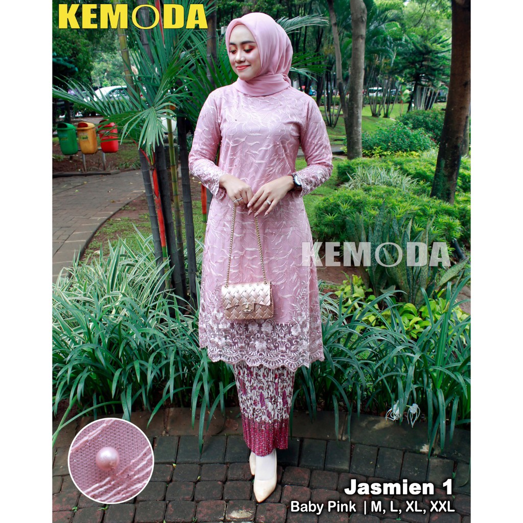 Setelan Kebaya Tunik Tile Jasmine Warna Baby Pink Mix Plisket / Kebaya Modern
