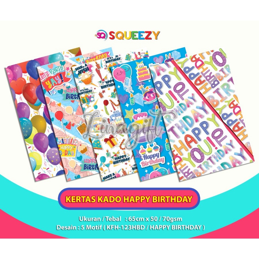 ( 5 Lembar ) KERTAS KADO SQ DOFF - GIFT WRAPPING PAPER HAPPY BIRTHDAY ULANG TAHUN BALOON -  ICE BREAM / PARTY GIFT KADO CAKE