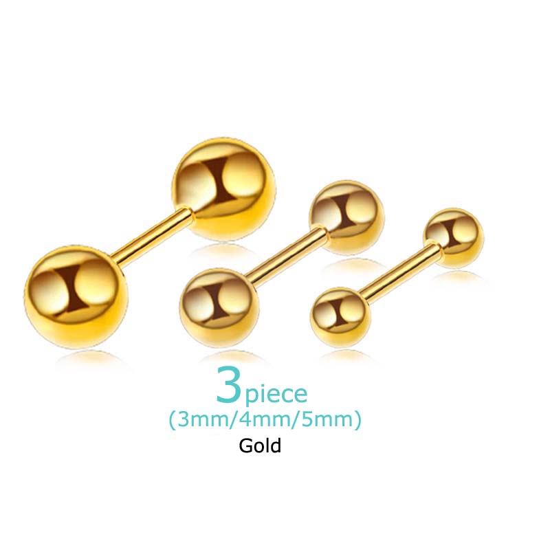 3piece 3/4/5mm Stainless Steel Dumbbell Double Ball Earrings Stud Helix Pinna Tragus Piercing 16G