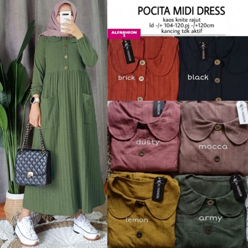 pocita midi dress kaos knite rajut kancing tidak aktif alfashion1