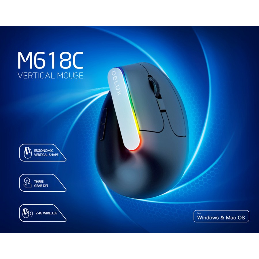 Mouse Delux M618C - RGB Wireless Vertical Ergonomic Mouse Gaming M618C - Mouse Gaming Delux M618C