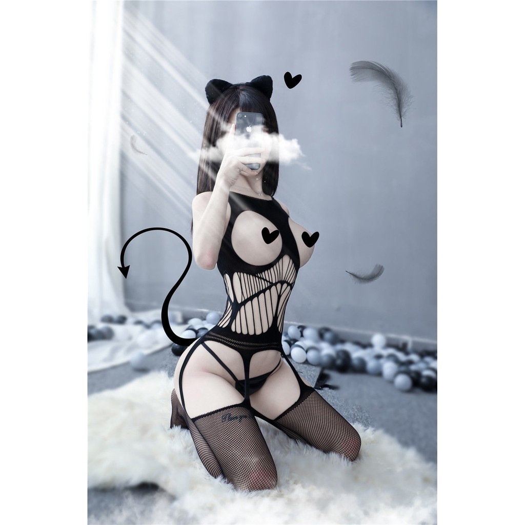 LI-101 black cat tie sexy fishnet lingerie baju tidur wanita seksi cosplay