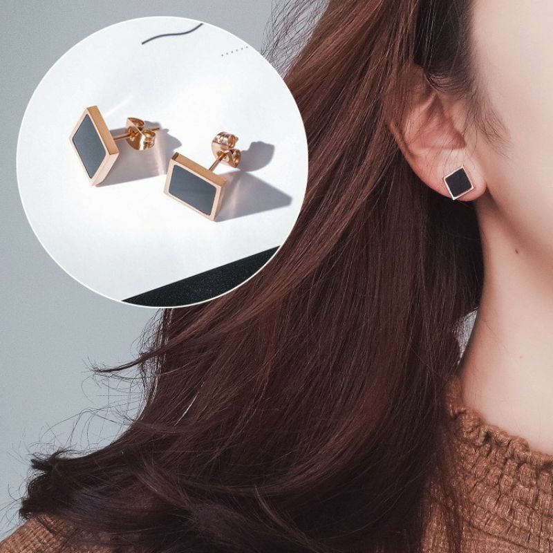 GG Anting kotak Hitam Rose gold stainless steel