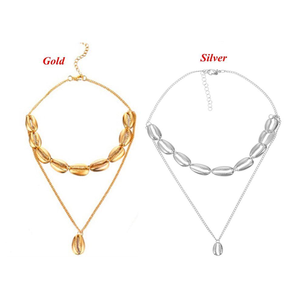 Kalung Rantai Wanita Multi Layer Liontin Kerang Warna Gold Untuk Musim Panaspantaihadiah