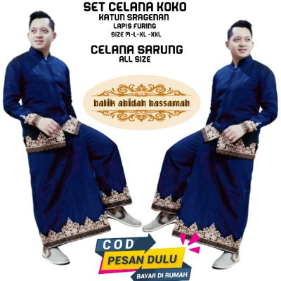 Batik Solo Modern Setelan Sarung Celana Dan Koko Tumpal Biru (navy) Full Furing