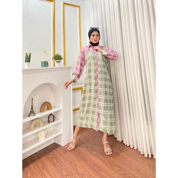 DRESS PANJANG MOTIF KOTAK BAJU VIRAL MIDI DRESS RAYON KANCING DEPAN