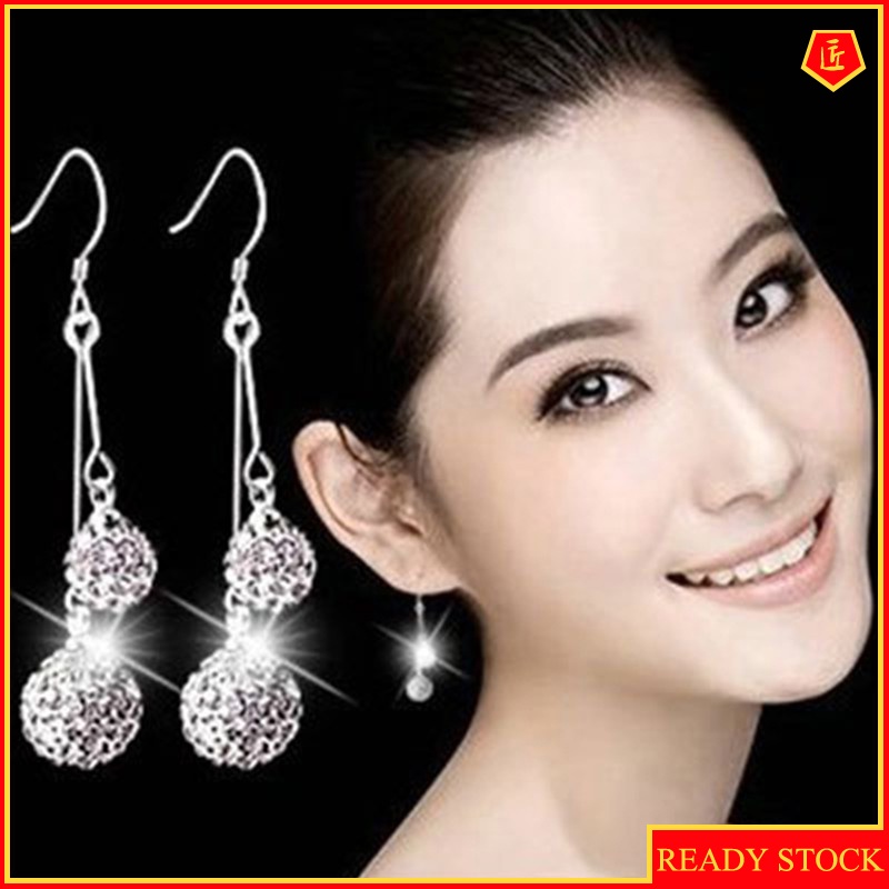 [Ready Stock]Silver Ball Rhinestone Tassel Earrings Elegant