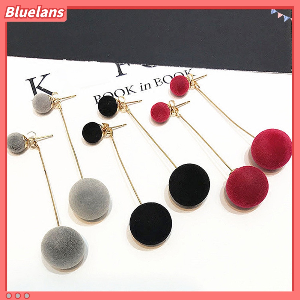 Bluelans Anting Gantung Panjang Model Bola Bulu Imitasi Untuk Wanita