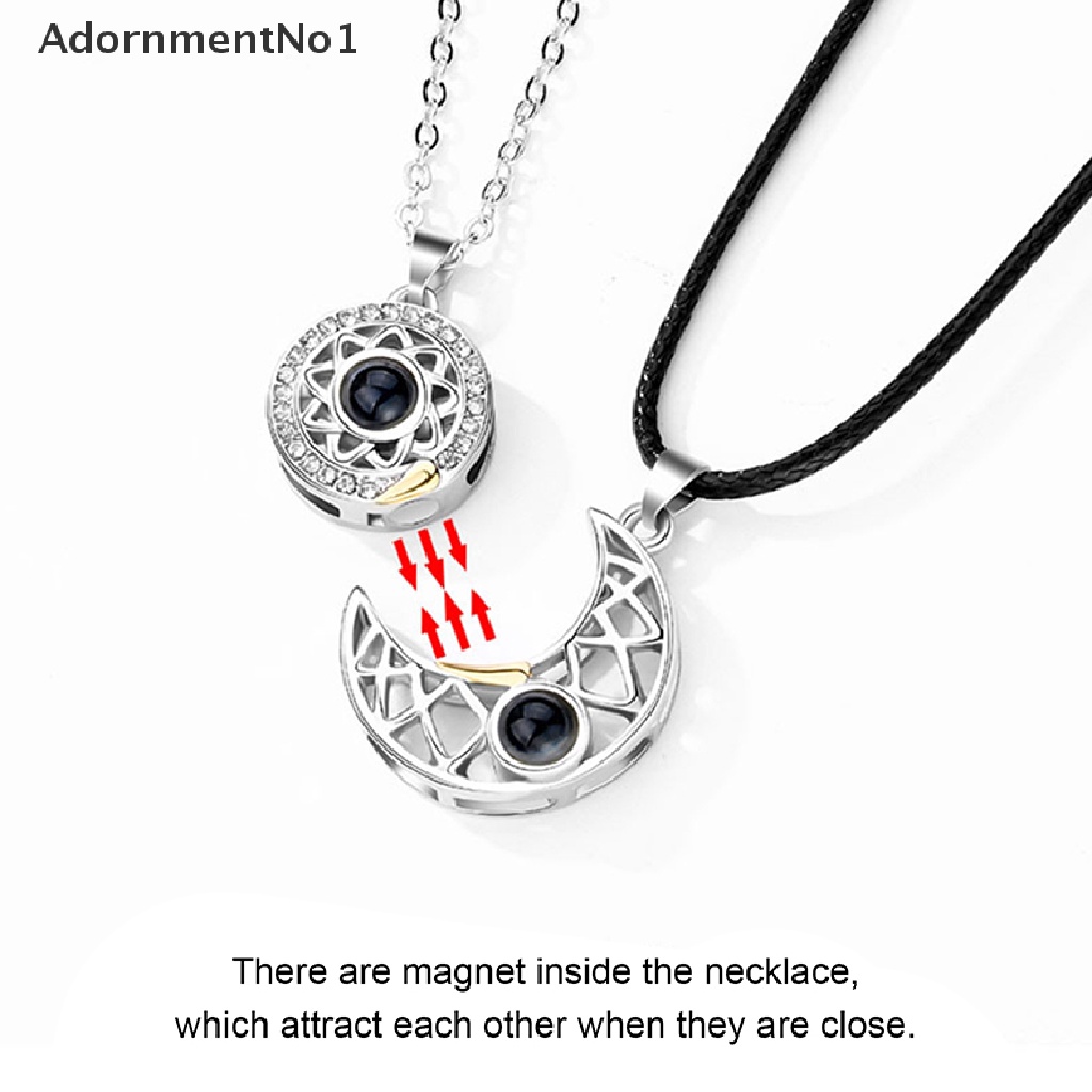 (AdornmentNo1) 2pcs / Set Kalung Rantai Liontin Matahari + Bulan + Bulan Sabit 100 Bahasa Untuk Pasangan / Pria / Wanita