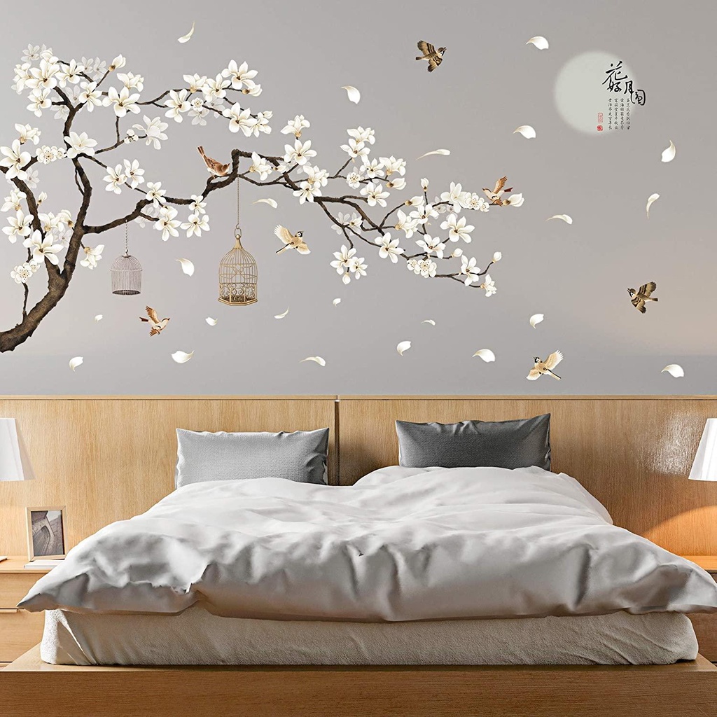 Nickolas1 Stiker Dinding Bulan Purnama Kamar Tidur Removable Dekorasi Rumah Bunga Putih Gaya Cina Decals