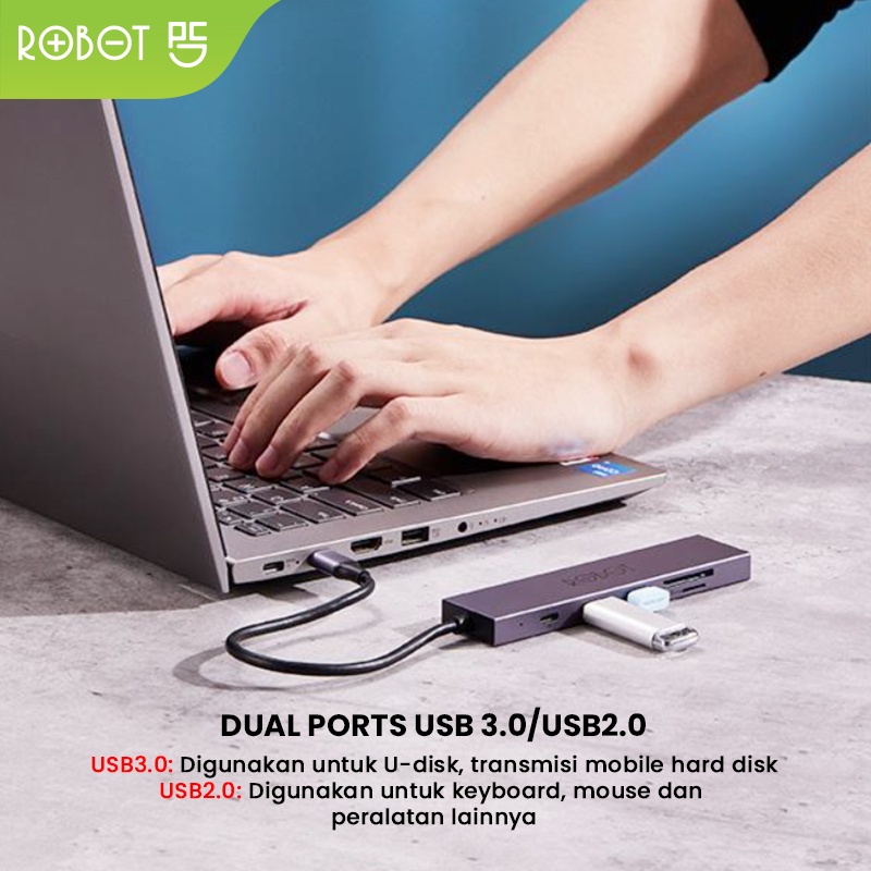 (VROFFSTORE) ROBOT HT260 Multiport USB-C HUB 6in1 Type-C USB HUB Card Reader HDMI Adapter Space grey - Garansi Resmi 1 Tahun